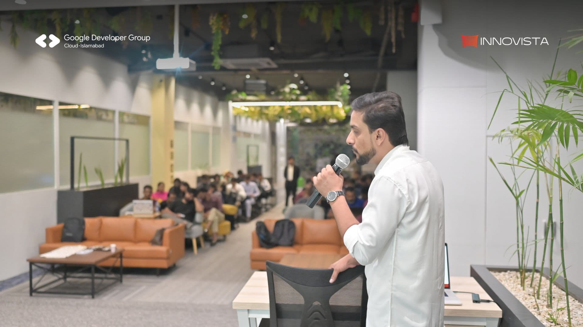 Sarmad Gardezi speaking at a Google Cloud and Firebase event